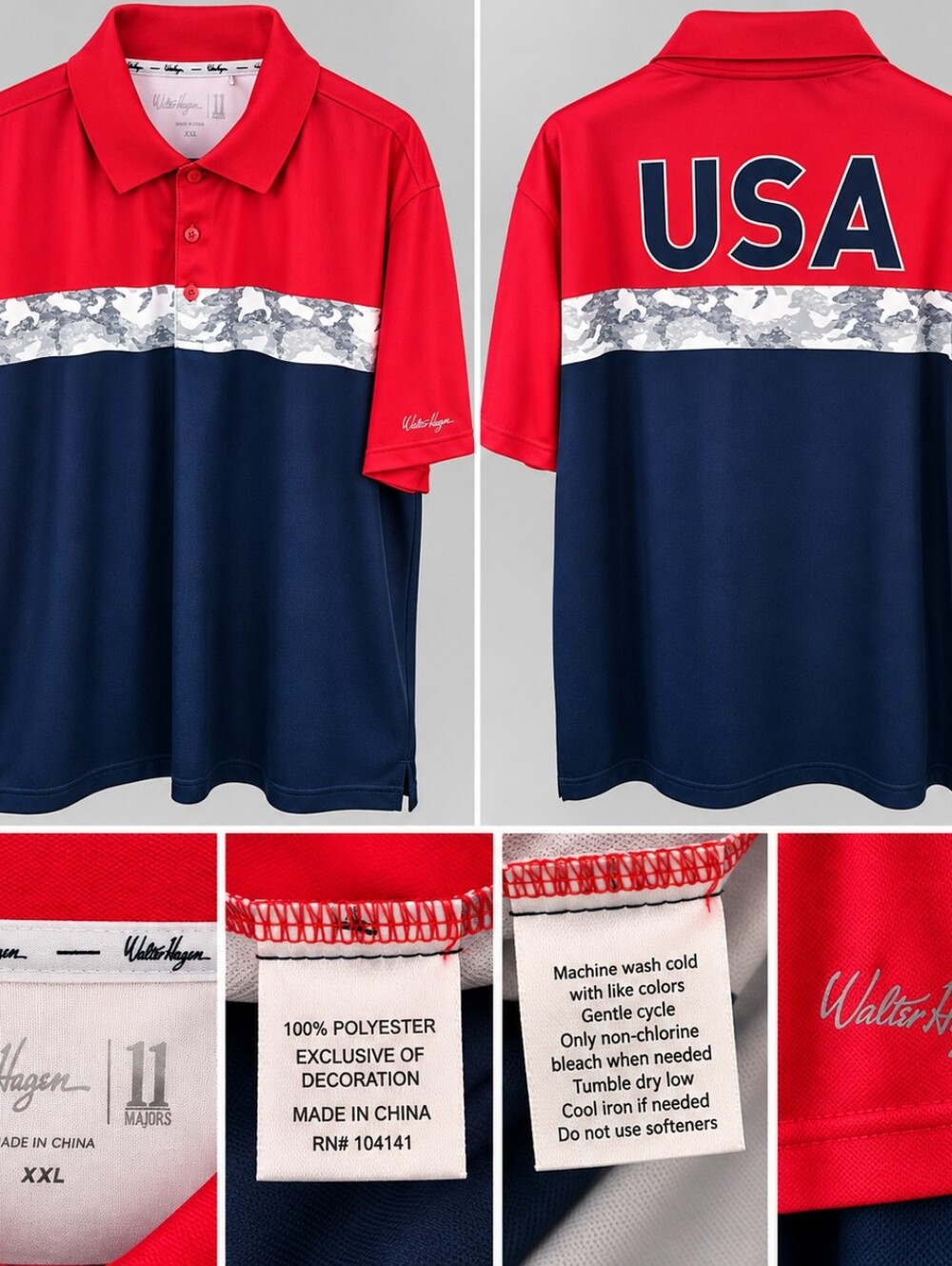 Walter Hagen Red and Navy USA Camo-Stripe Polo